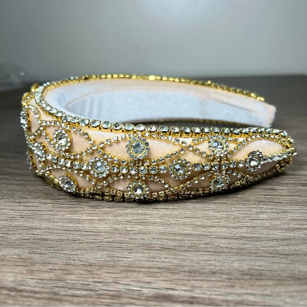 Champagne Gold Crystal Rhinestone Embellished Vintage Inspired Velvet Headband